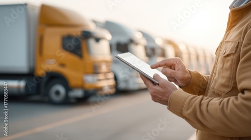 Professional truck driver using tablet device for logistics management at transportation yard with large trucks parked in background during sunset hours