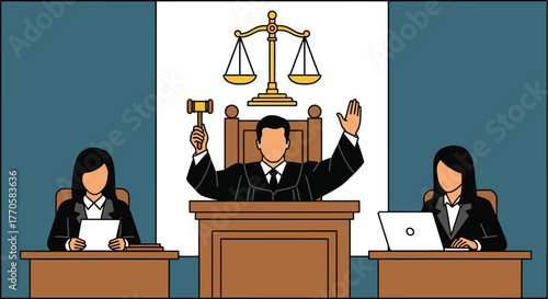 Judge presides over courtroom with gavel and scales of justice, flanked by legal professionals.