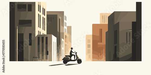 Urban Commute Lone Scooter Rider on City Street