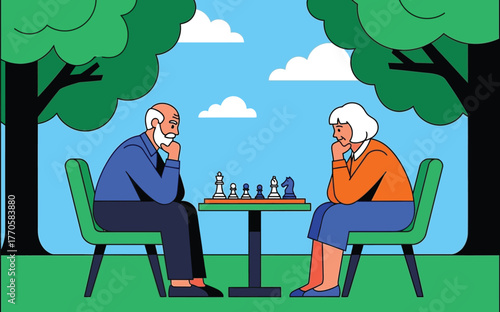 Elderly couple enjoys a thoughtful game of chess outdoors in a park setting.
