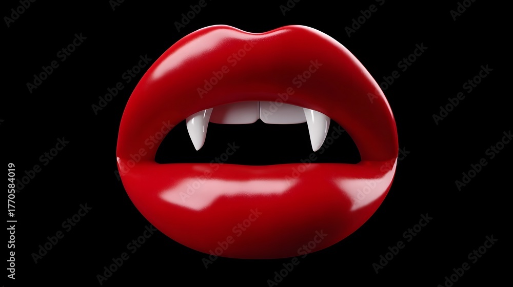 Obraz premium Closeup of a bold, provocative pair of red vampire-like lips with sharp pointed teeth, conveying a sense of danger, passion, and allure.