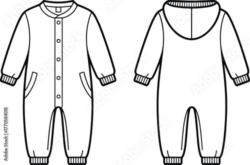 Baby onesie vector illustration, toddler jumpsuit design, hooded romper sketch, front and back view, fashion apparel mockup, garment template, line art