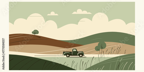 A retro green pickup truck drives along a winding road through idyllic rolling hills and green fields under a soft cloudy sky, illustrating a serene rural journey with nostalgic appeal