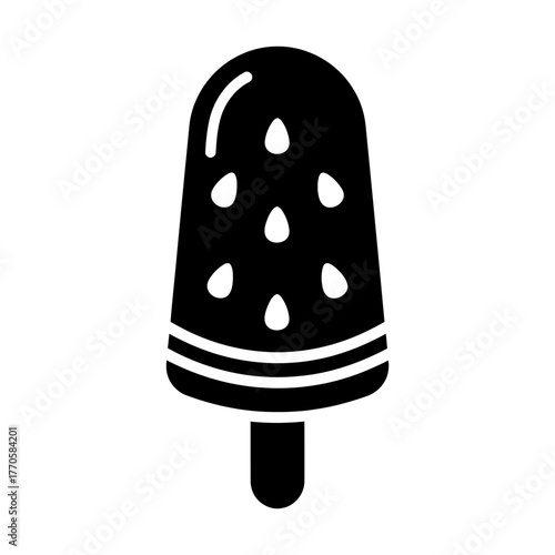 Solid Black Watermelon Popsicle Icon with Seeds and Stripes
