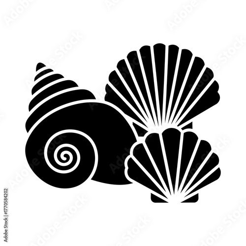 Monochrome Marine Shells Silhouette Icon on White Background
