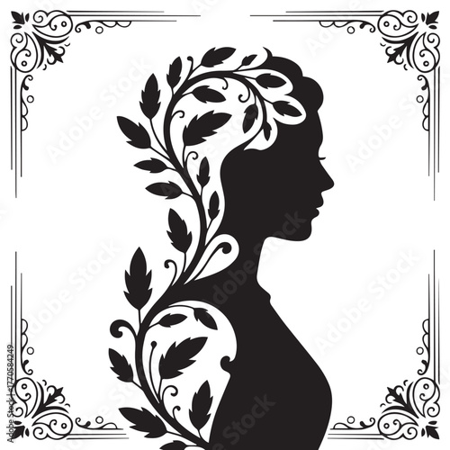 Black and White Ornamental Profile of a Woman with Vine and Leaf IllustrationPrint