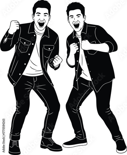 Celebratory Male Duo Vector – Bold Black-and-White Graphic of Cheering Figures in Stylized Outfits