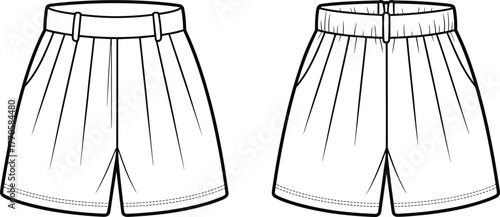 Men shorts vector illustration, pleated waistband design, elastic waist shorts, casual clothing mockup, fashion apparel sketch, garment template, line art clipart