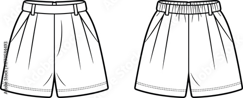 Men shorts vector illustration, fashion apparel clipart, pleated shorts design, elastic waistband template, casual clothing mockup, garment sketch, line art