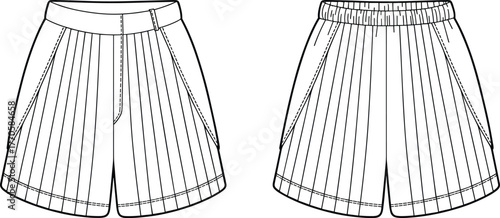 Men shorts vector illustration, striped fabric design, tailored waistband template, elastic waist shorts, fashion apparel mockup, garment sketch, clothing clipart, line art