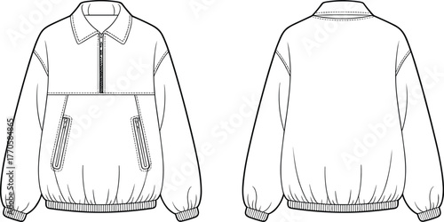 Pullover jacket vector, half zip fashion sketch, kids apparel template, technical drawing, clothing mockup, line art, vector clipart, outerwear design
