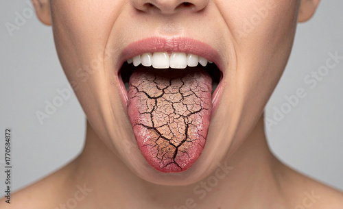 Dry Mouth. Fissured tongue alongside white teeth with Cracked Earth Texture Close Up.