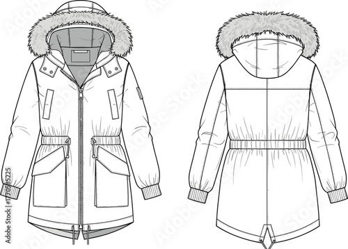 Winter parka coat technical fashion sketch, hooded outerwear with fur trim, garment construction drawing, cad drawing flat vector illustration