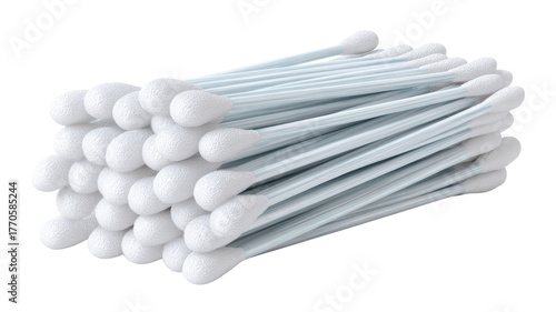 Pile of white cotton swabs soft cleaning tools medical hygiene equipment health care product plastic stick ear cleaning accessory sterile design on white