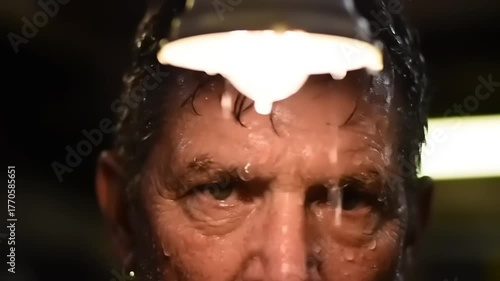 Sweaty man under light with closeup portrait.