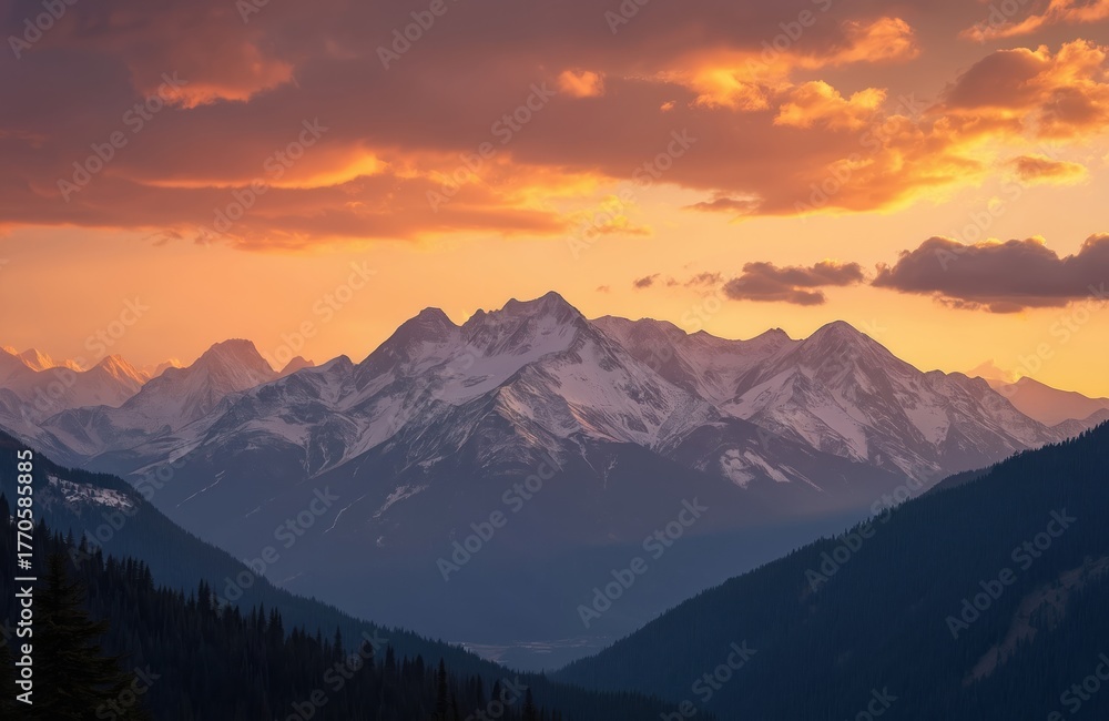 Obraz premium Snowy jagged mountain peaks stand under vibrant orange colorful sky at sunset. Clouds glow with warm golden light above dark pine forest valley. Pure natural beauty shines in golden hour. Serene