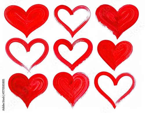 Nine Red Heart Illustrations on White Background for Valentines Day.