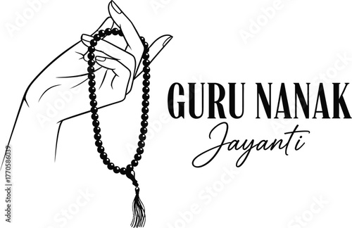 Guru Nanak Jayanti Vector – Line Art of Prayer Beads and Blessing Hand for Sikh Festival Tribute