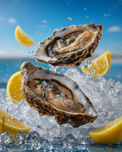 Fresh oysters with ice, lemon and water splash on blue background