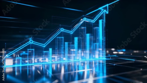 Futuristic Digital Bar Chart with Rising Arrow Representing Business Growth