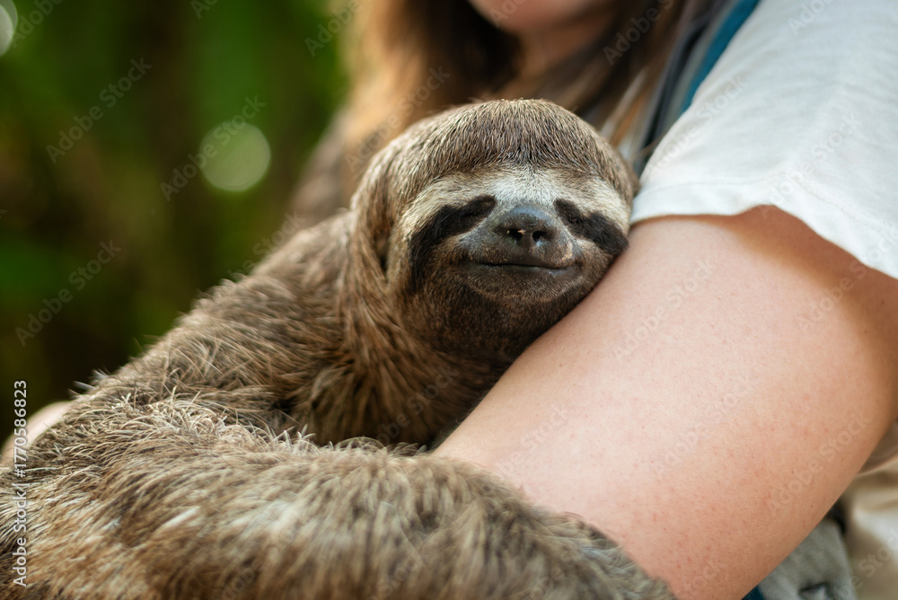 Naklejka premium A cute, adorable smiling sloth being held by a girl in the rainforest