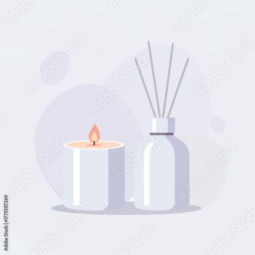 Serene wellness scene with a glowing candle and an essential oil reed diffuser, perfect for home spa and relaxation themes
