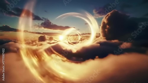 Swirling light spiral in sunset sky.