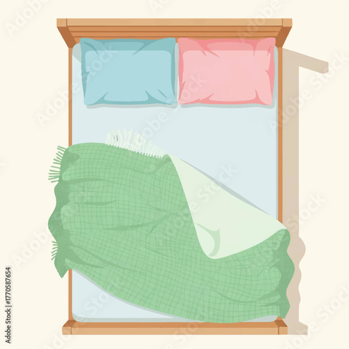 Top view of a cozy bed with pink and blue pillows and a crumpled green blanket, a flat vector illustration for comfort and relaxation concepts