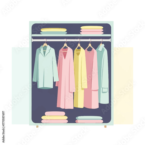 A well-organized open closet filled with neatly arranged pastel-colored clothes, showcasing a tidy wardrobe concept in a flat vector illustration style