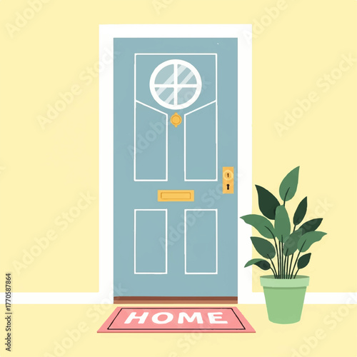 Clean vector art of a bright blue entryway, complete with a friendly 'HOME' mat and a potted plant, capturing the essence of a warm, inviting residence