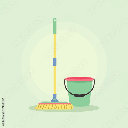 cleaning tools: mop and bucket, flat design clip art preview