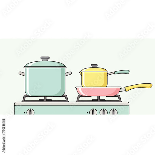 A vector illustration of colorful pots and pans simmering on a modern gas stove, ready for efficient home cooking and culinary preparation