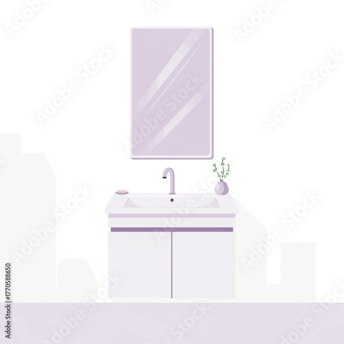 Clean and minimalist bathroom interior design with a vanity sink and mirror. Vector graphic for home decor concepts
