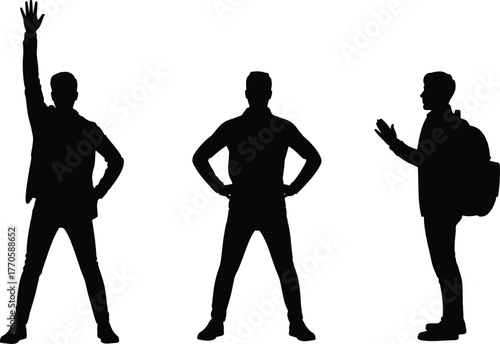 Vector silhouette illustration of three people in expressive standing poses for gesture concept, communication theme, and interactive posture design layout