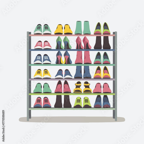 A tall, multi-tiered shoe rack displays a vibrant collection of footwear, showcasing various styles and colors, from elegant heels to sturdy boots