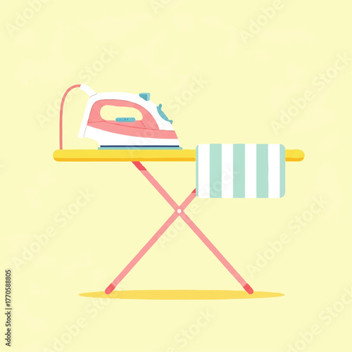 Pink electric iron and striped cloth on a yellow ironing board, a colorful vector graphic depicting laundry day and domestic appliance concepts