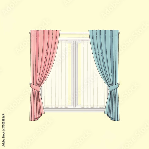 Illustration of a window with pink and blue curtains on a pale yellow background