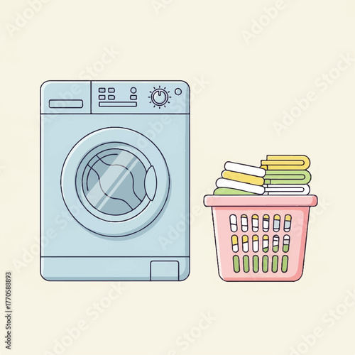 Household chores and laundry day cleaning with a washing machine and a basket full of clean clothes