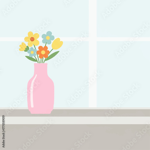 Charming bouquet of colorful wildflowers in a pink vase placed on a windowsill with a bright sky in the background