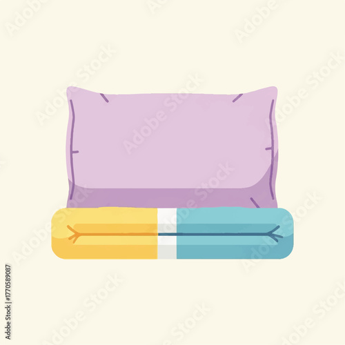Cozy bedding set with a soft purple pillow and folded colorful blanket. A minimalist vector illustration representing home comfort, relaxation, and a good night's sleep