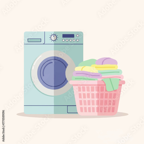 A clean and organized laundry room with a modern washing machine and a basket overflowing with colorful clothes, symbolizing domestic chores and tidiness
