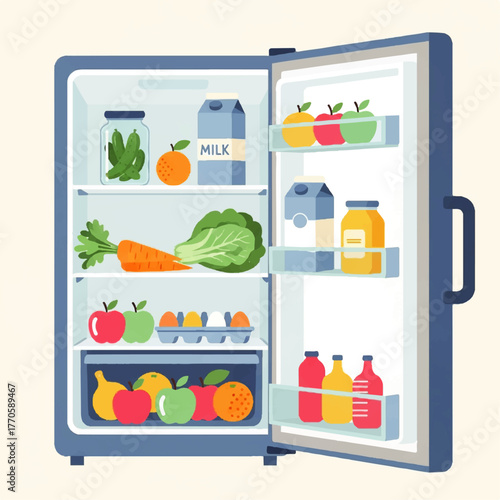 Open Refrigerator Filled with Healthy Food Vector Illustration