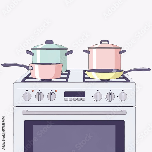 A collection of colorful pastel pots and pans on a modern white stove top, representing home cooking and culinary preparation as a vector illustration