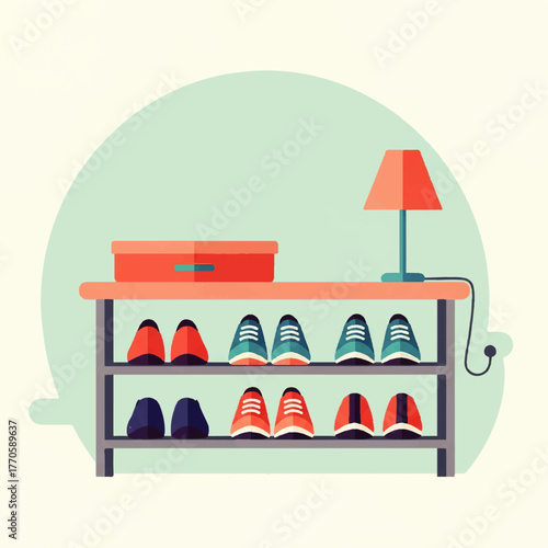 Vector illustration of a multi-tiered shoe rack with various footwear and a table lamp on top
