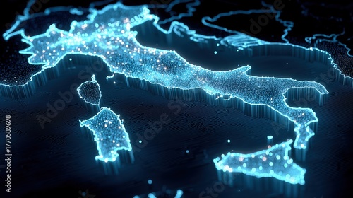 Carte de l'italie numérique illuminée avec des points lumineux bleus