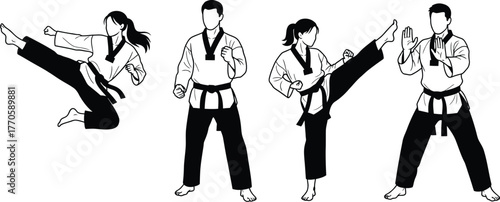 Martial artists demonstrate dynamic kicking techniques in uniform