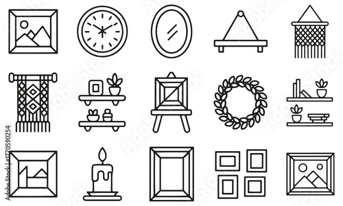 Set of home decor icons including frames clocks and wall hangings isolated on transparent background
