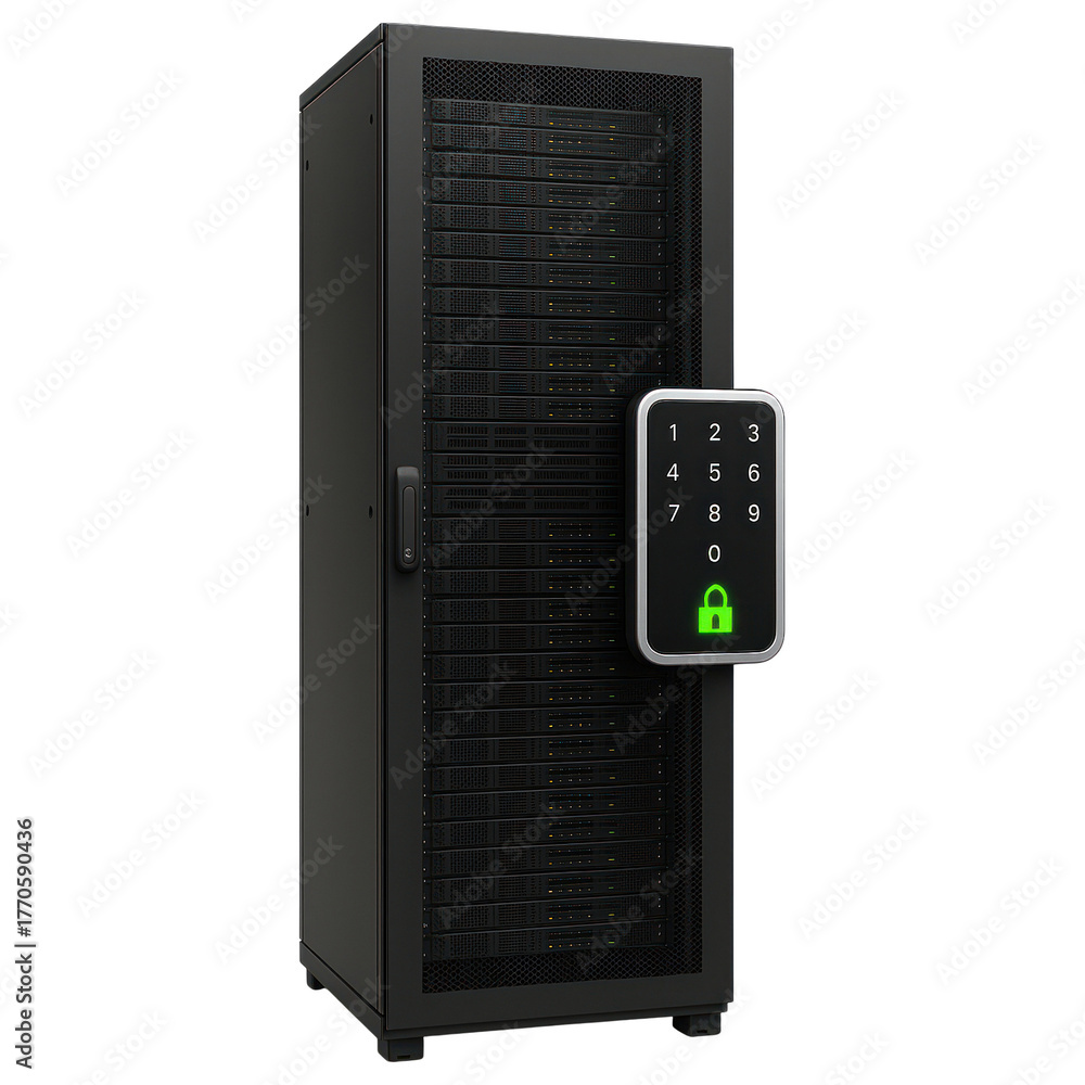 Fototapeta premium Server Rack with Digital Lock Overlay