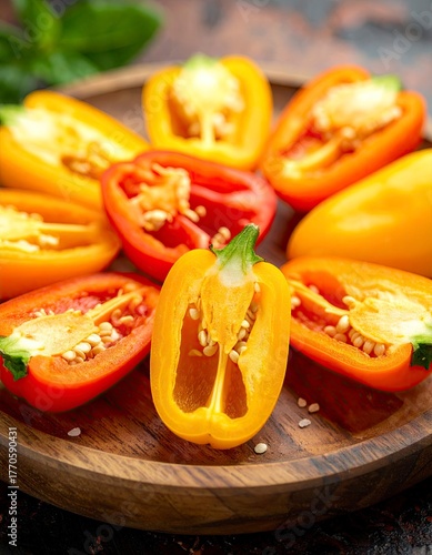 Halved Sweet Peppers on Wooden Plate - A Vibrant Food Display.