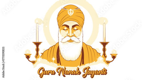 Guru Nanak Jayanti Vector – Divine Blessing Portrait with Candles and Khanda Symbol